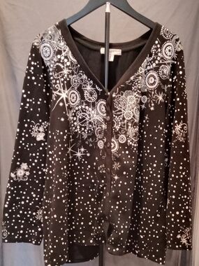 cj banks Black Cardigan Snap Up with White Star & Dot Print Women's Size 1X